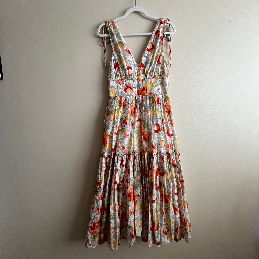 Cinq à Sept floral tiered midi dress 4 cotton silk smocked waist shoulder tie